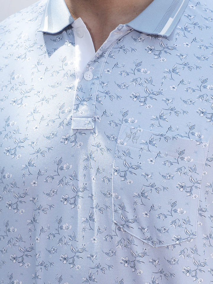 Blue Floral Print Polo Neck T-Shirt