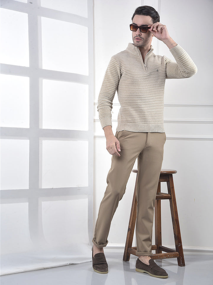 Beige Jacquard High Neck Sweater