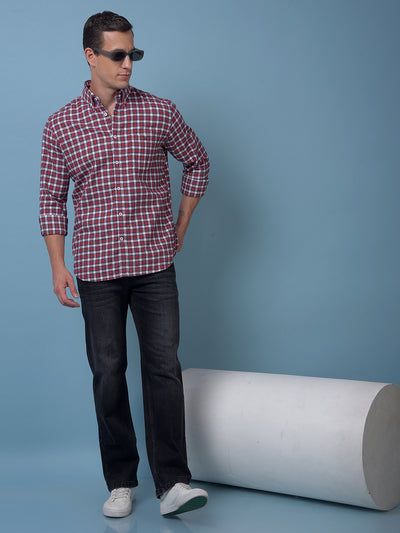 Red Checked Button-Down Collar 100% Cotton Shirt