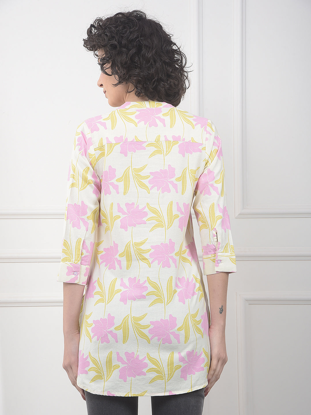 Pink Floral Print V-Neck Linen Top