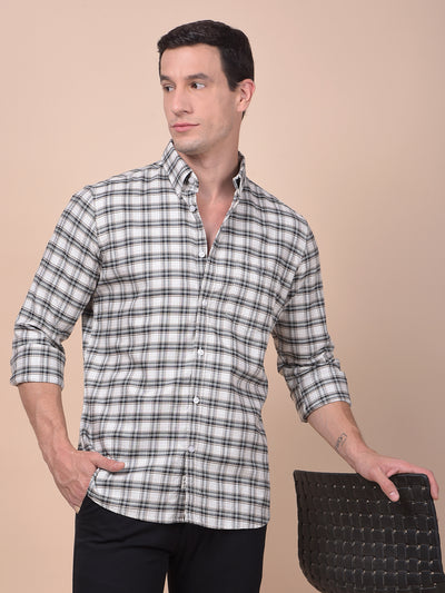 Beige Checked Button-Down Collar 100% Cotton Shirt