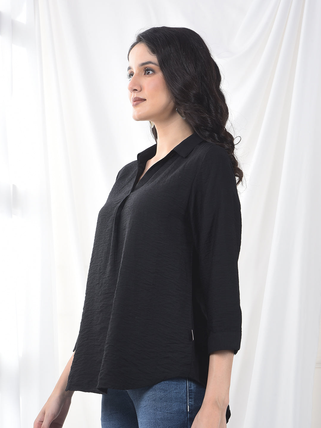 Midnight Black Crinkle Weave Flow Fit Top