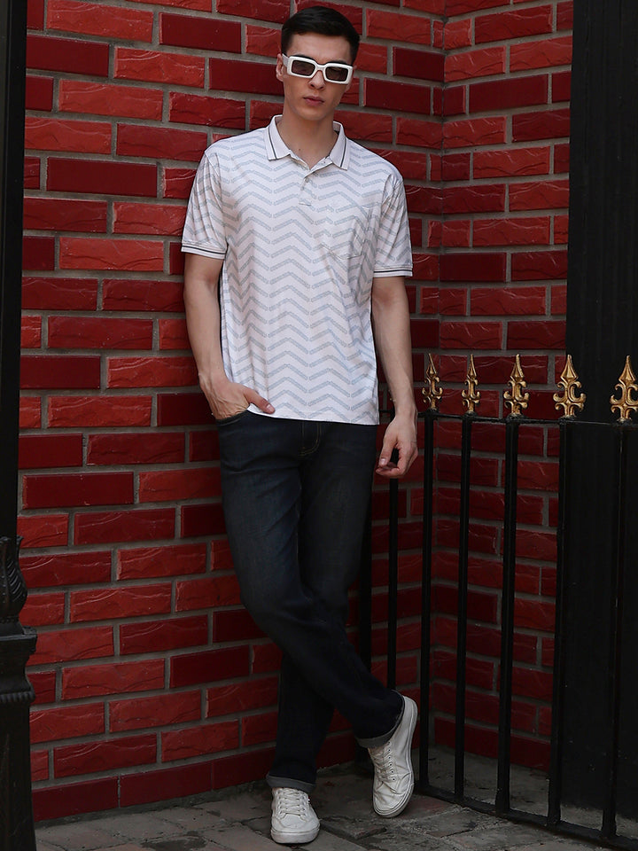 White Printed Polo Neck 100% Cotton T-Shirt