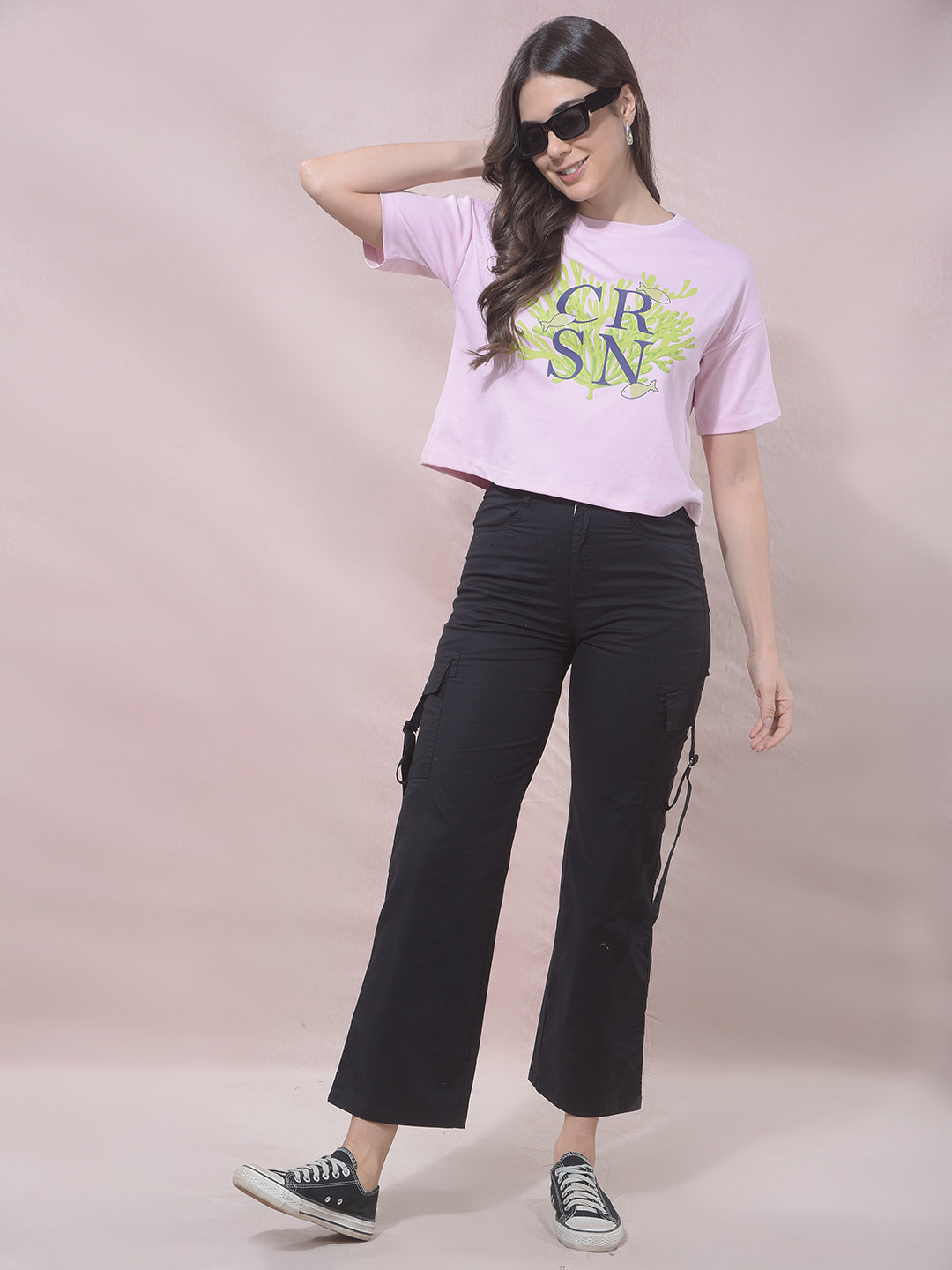 Pink Typographic Print Cropped T-Shirt