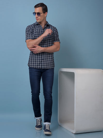 Navy Blue Checked 100% Cotton Shirt