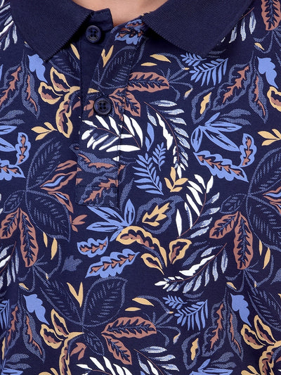 Blue Floral Print Polo Neck T-Shirt
