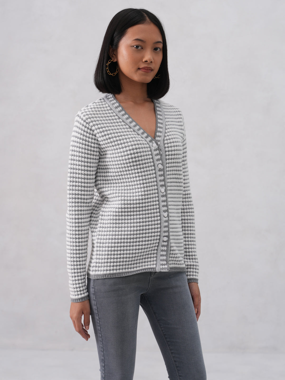 Grey Jacquard V-Neck Cardigan