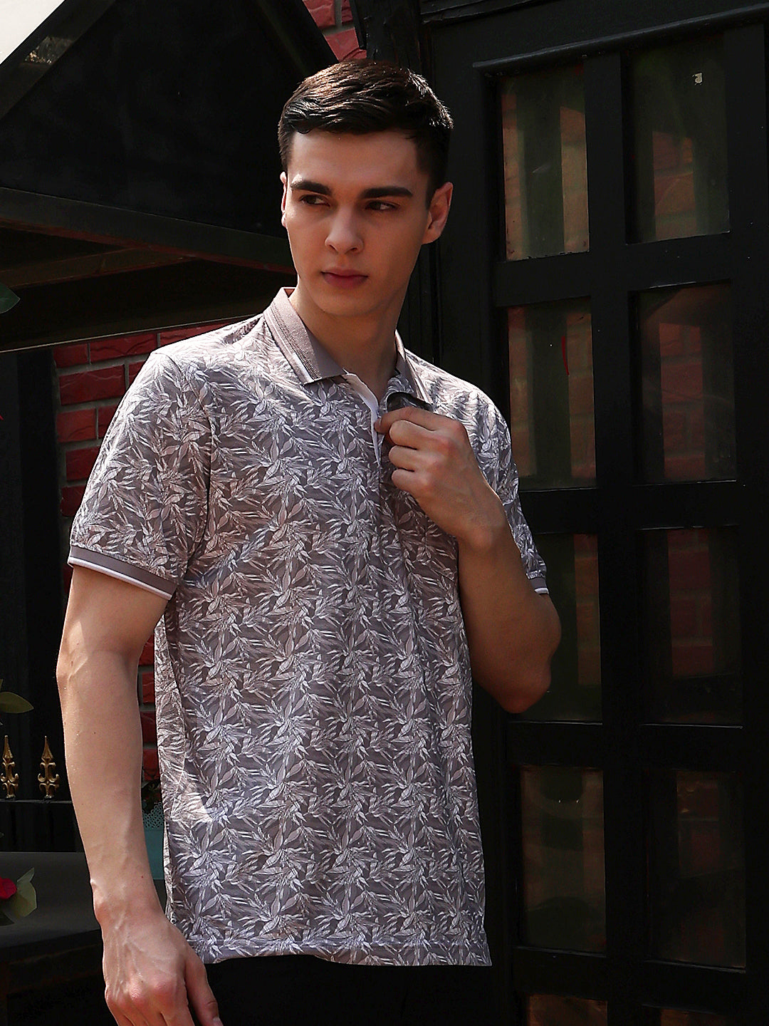 Purple Botanical Print Polo Neck T-Shirt