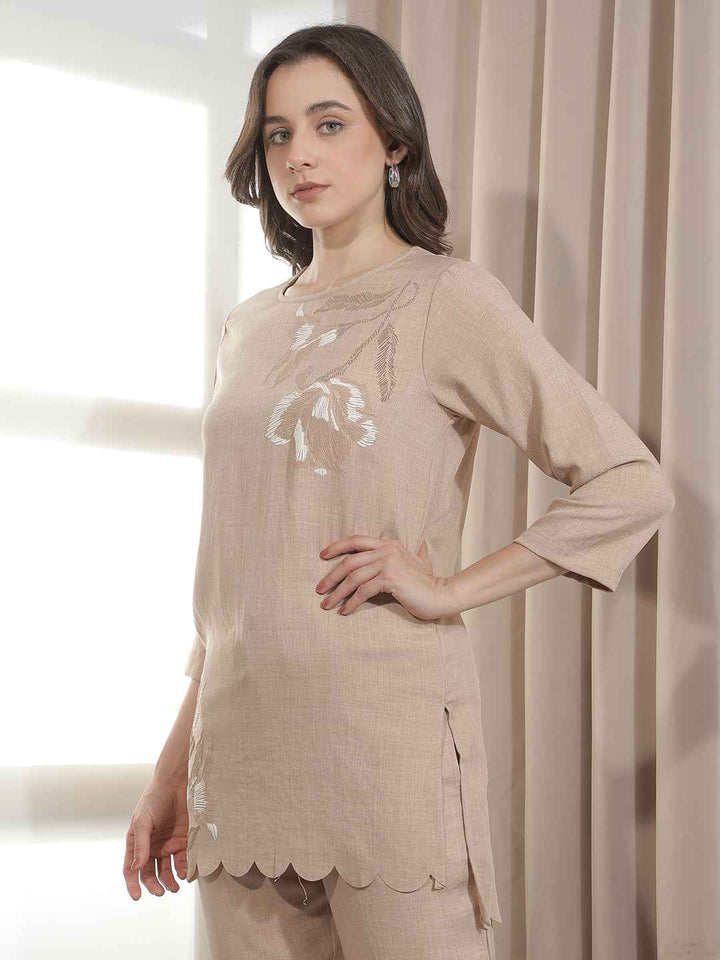 Earthy Brown Delicate Embroidered Top
