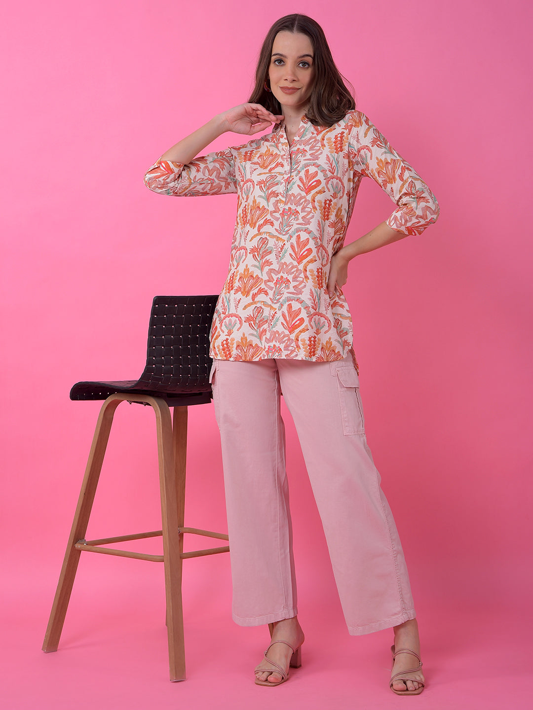 Orange Floral Print V-Neck Top