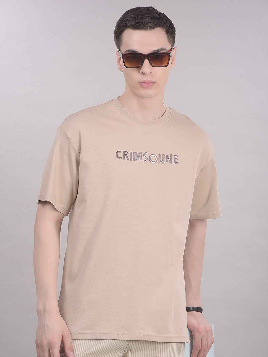 Beige Typographic 100% Cotton Oversize T-Shirt