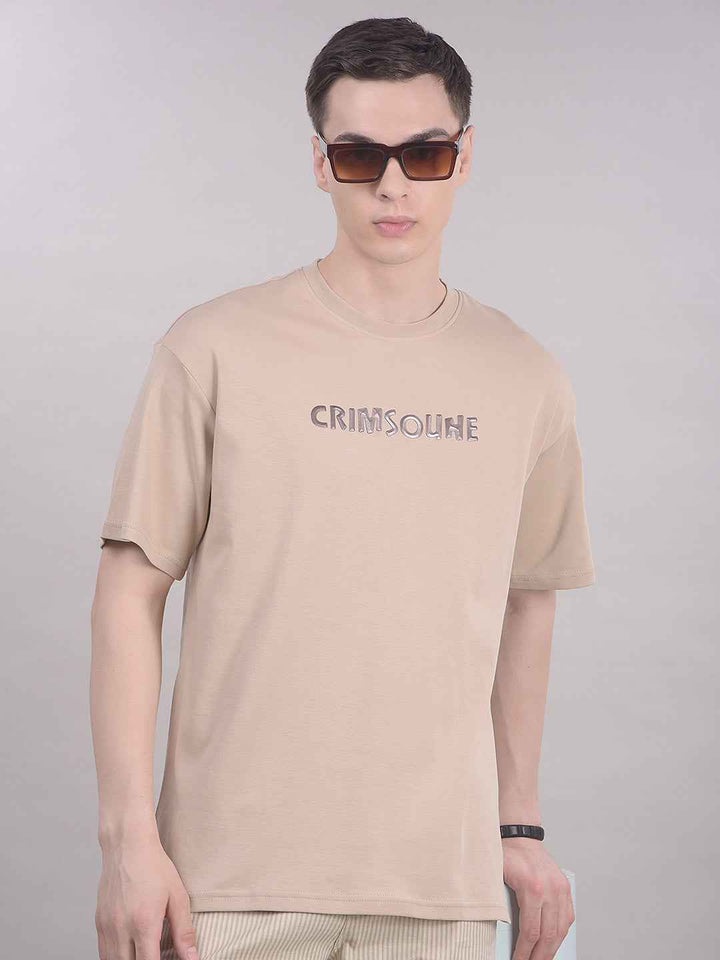 Beige Typographic 100% Cotton Oversize T-Shirt
