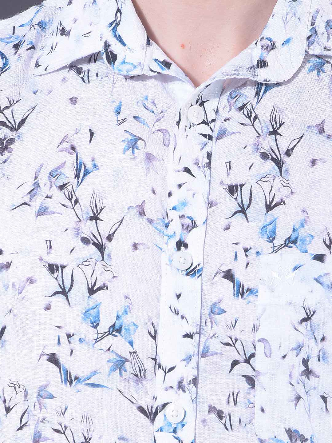 Blue Floral Print Linen Shirt