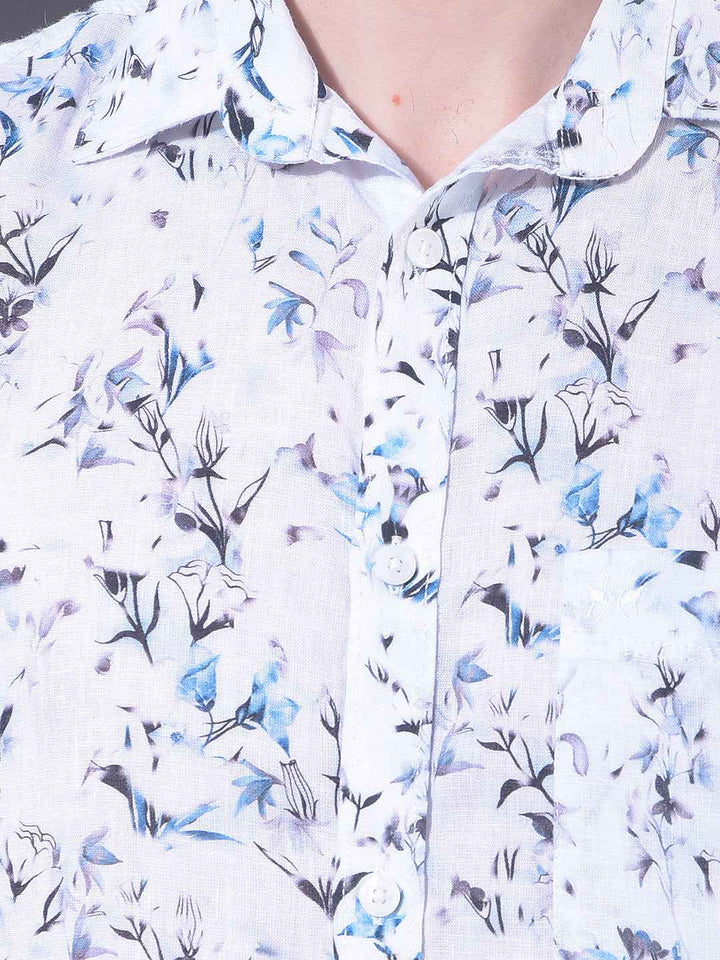 Blue Floral Print Linen Shirt