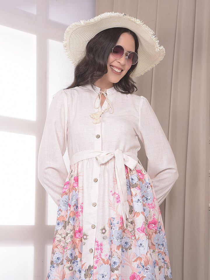 Multi-Color Floral Print Below Knee A-Line Dress with Belt