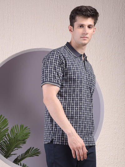 Navy Blue Printed Polo-Neck T-Shirt