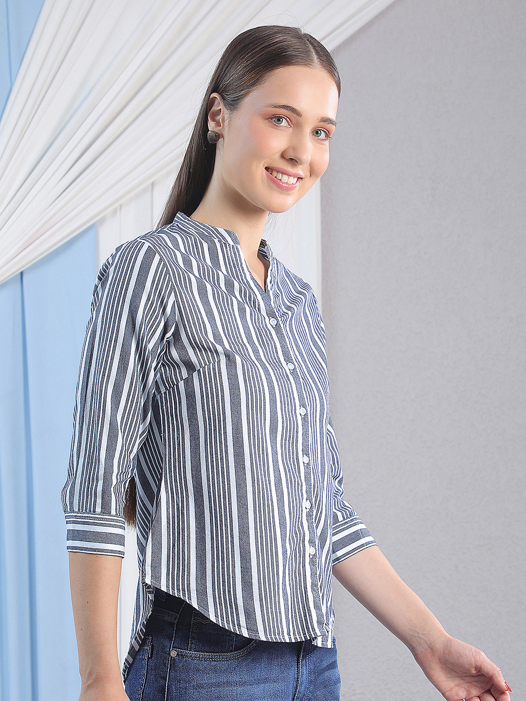 Grey Vertical Striped V-Neck Shirt