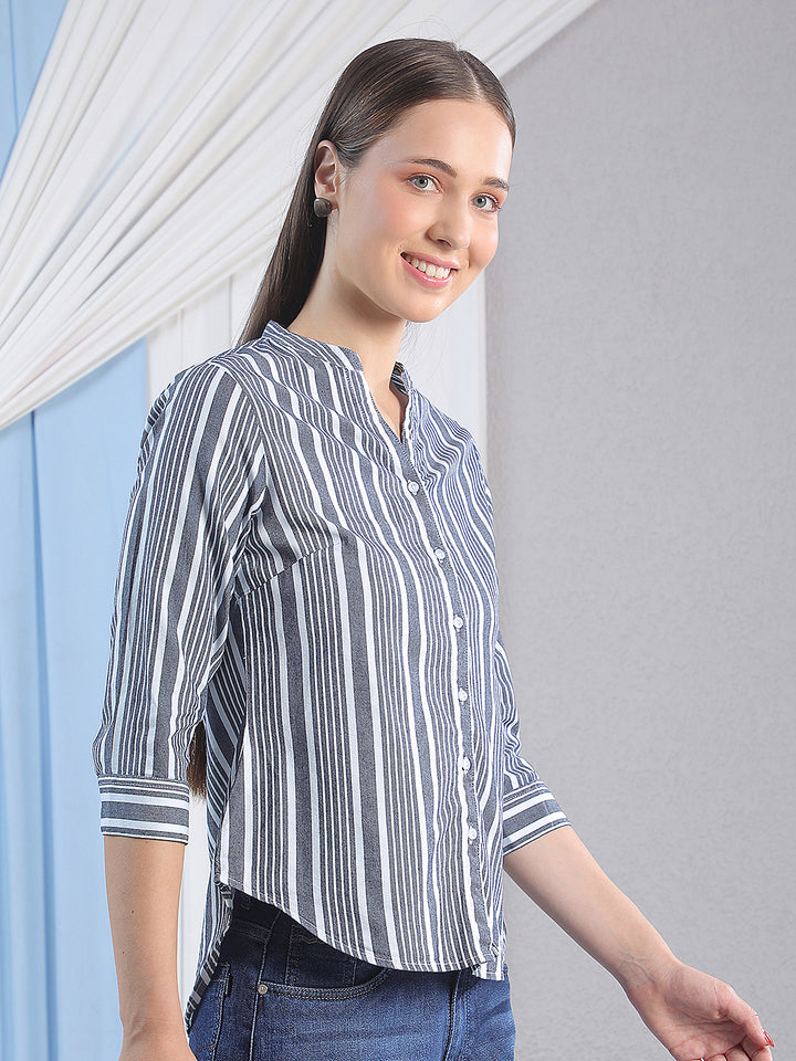 Grey Vertical Striped V-Neck Shirt