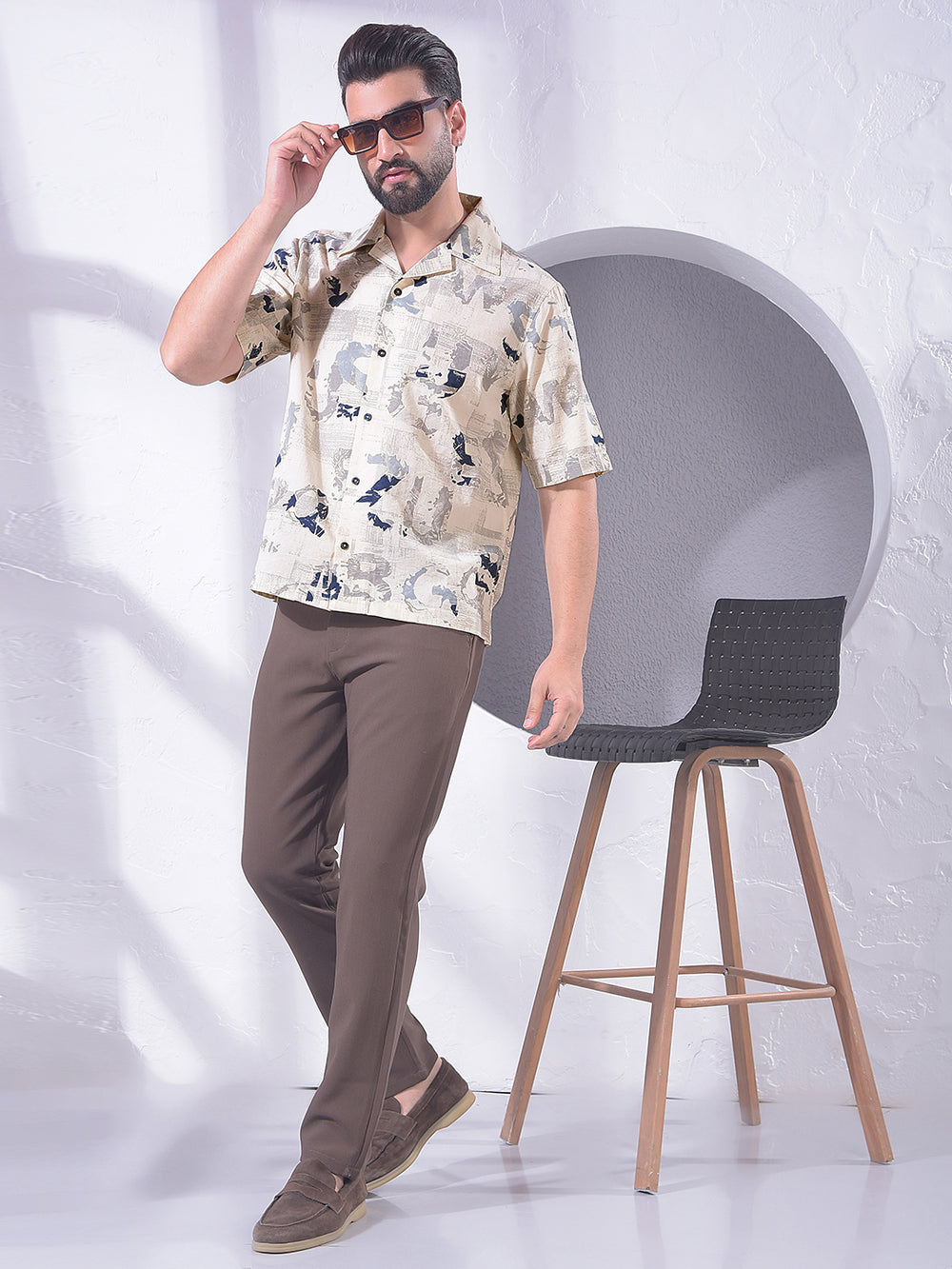 Blue Typographic Print Resort-Collar Linen Shirt