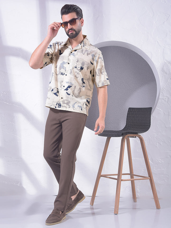 Blue Typographic Print Resort-Collar Linen Shirt