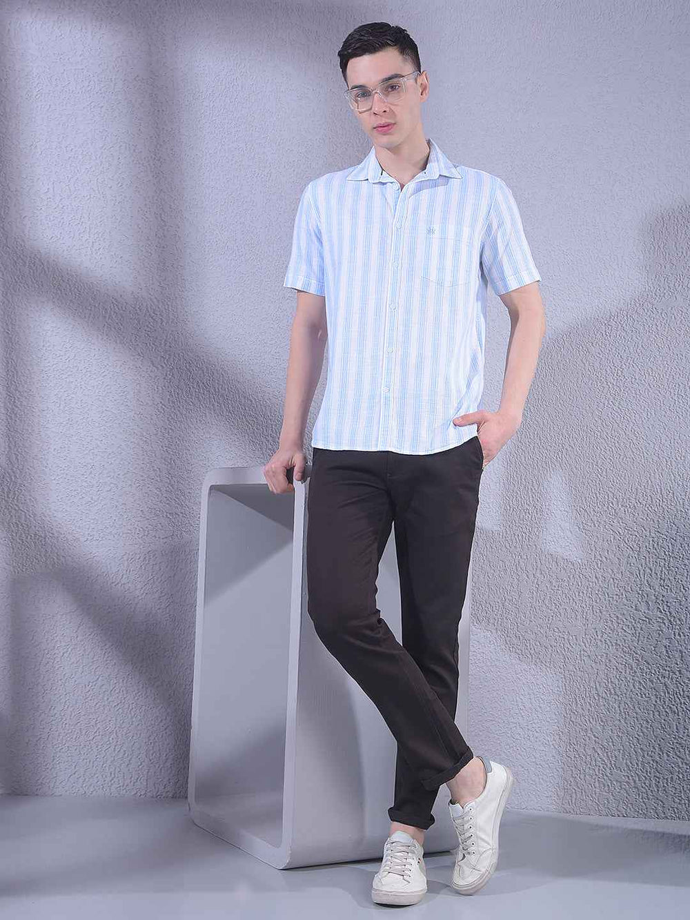 Blue 100% Cotton Vertical Stripes Shirt