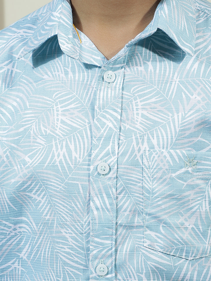 Sky Blue 100% Cotton Botanical Print Shirt