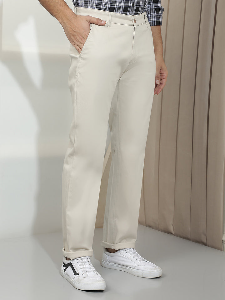 Beige Dobby Straight Trousers
