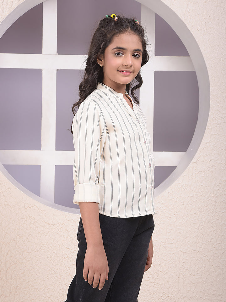 Off White Vertical Stripes Mandarin Neck Shirt