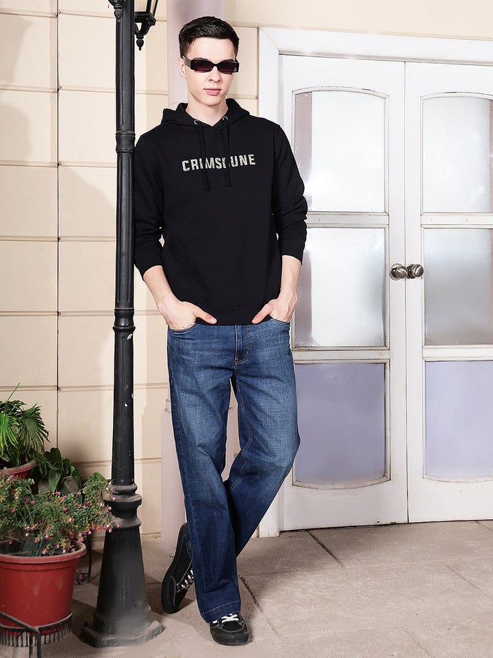 Black Typographic Print Hooded Neck Sweatshirt