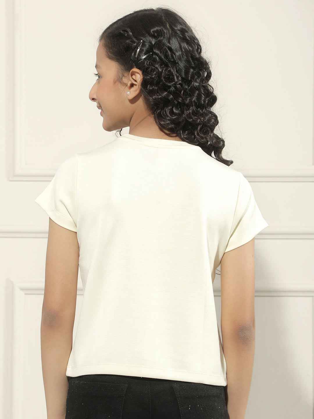 Cream Cropped Casual T-Shirt