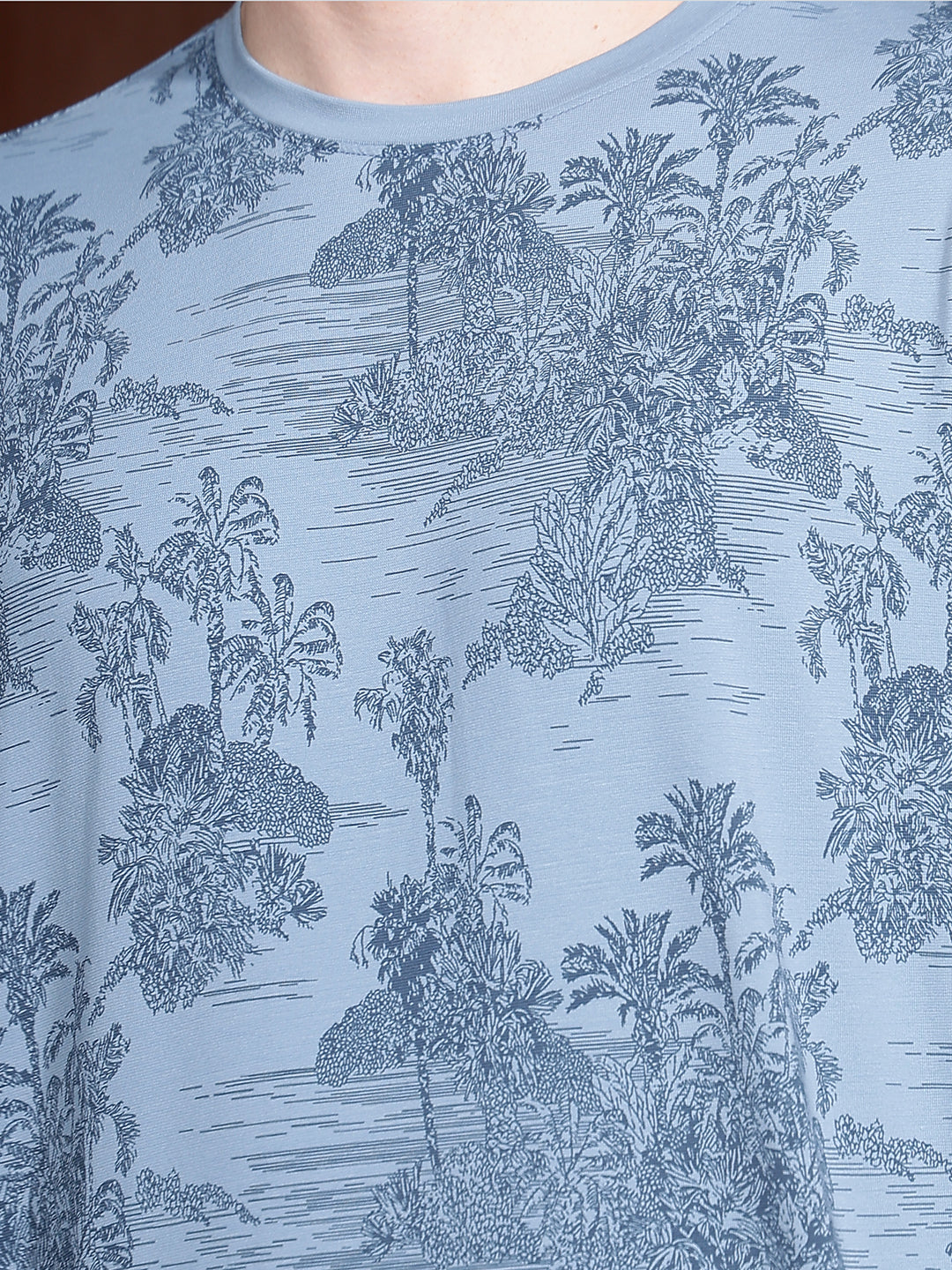 Sky Blue Round Neck Tropical Printed T-Shirt