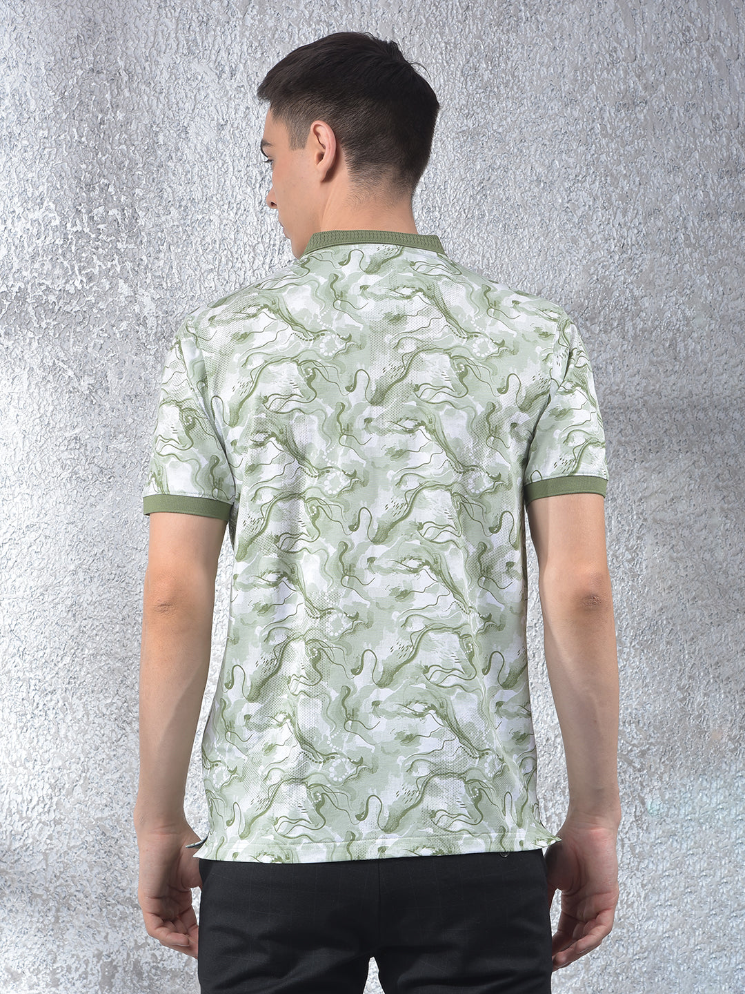 Green Abstract Print Polo Neck T-Shirt
