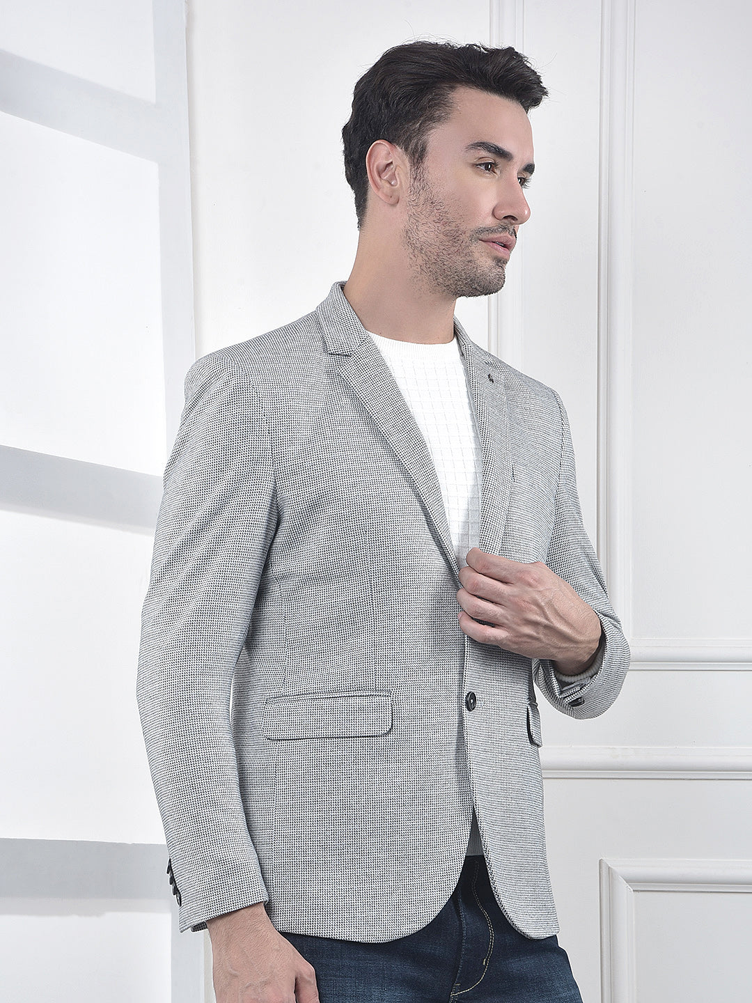 Grey Notched Lapel Modal Single-Breasted Blazer
