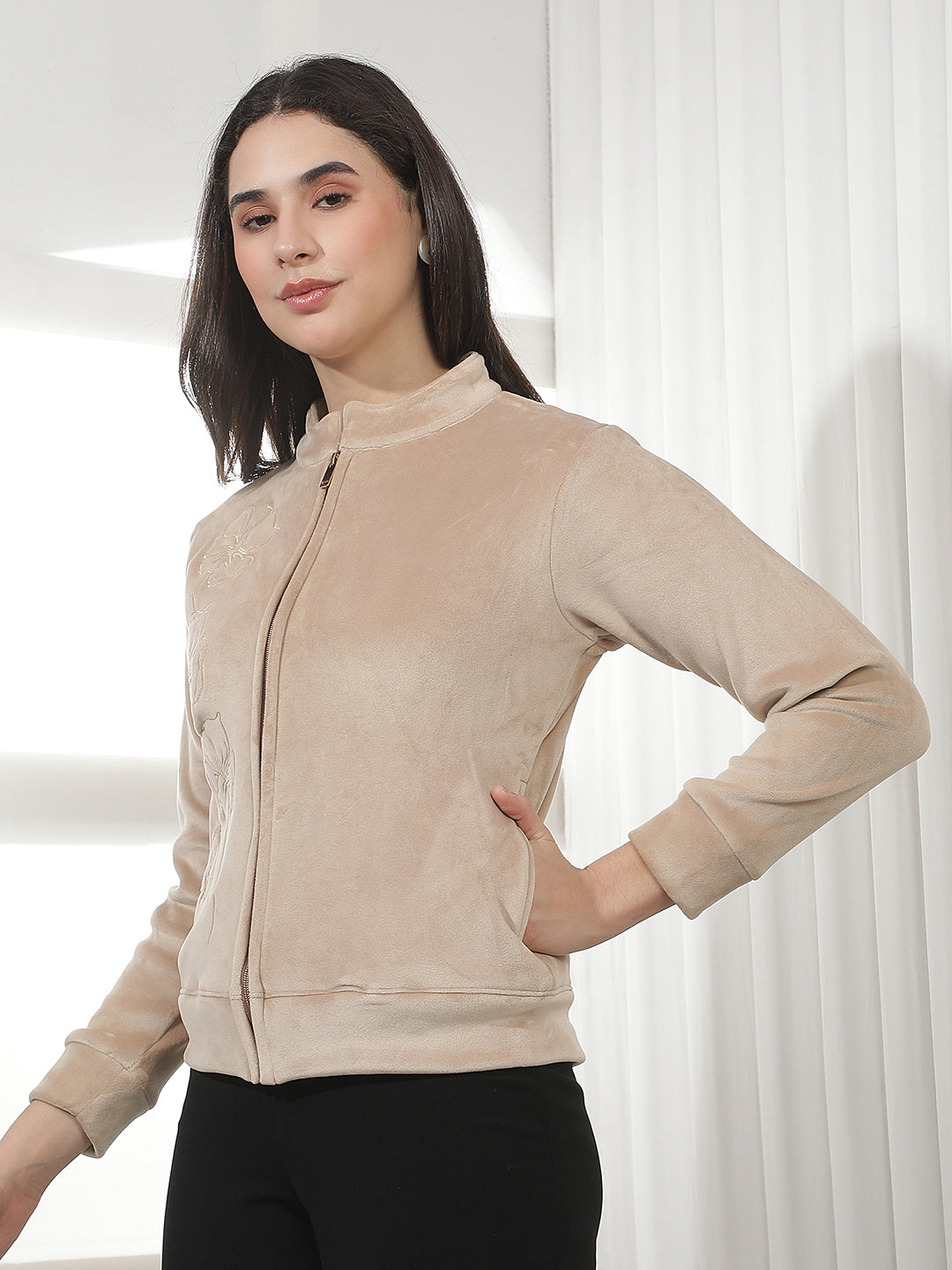 Beige Jacquard High Neck Sweatshirt