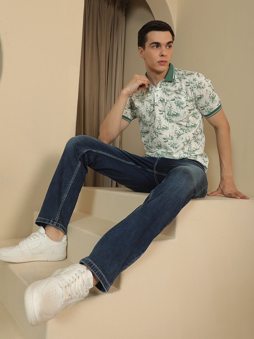 Green Floral Print Polo Neck T-Shirt