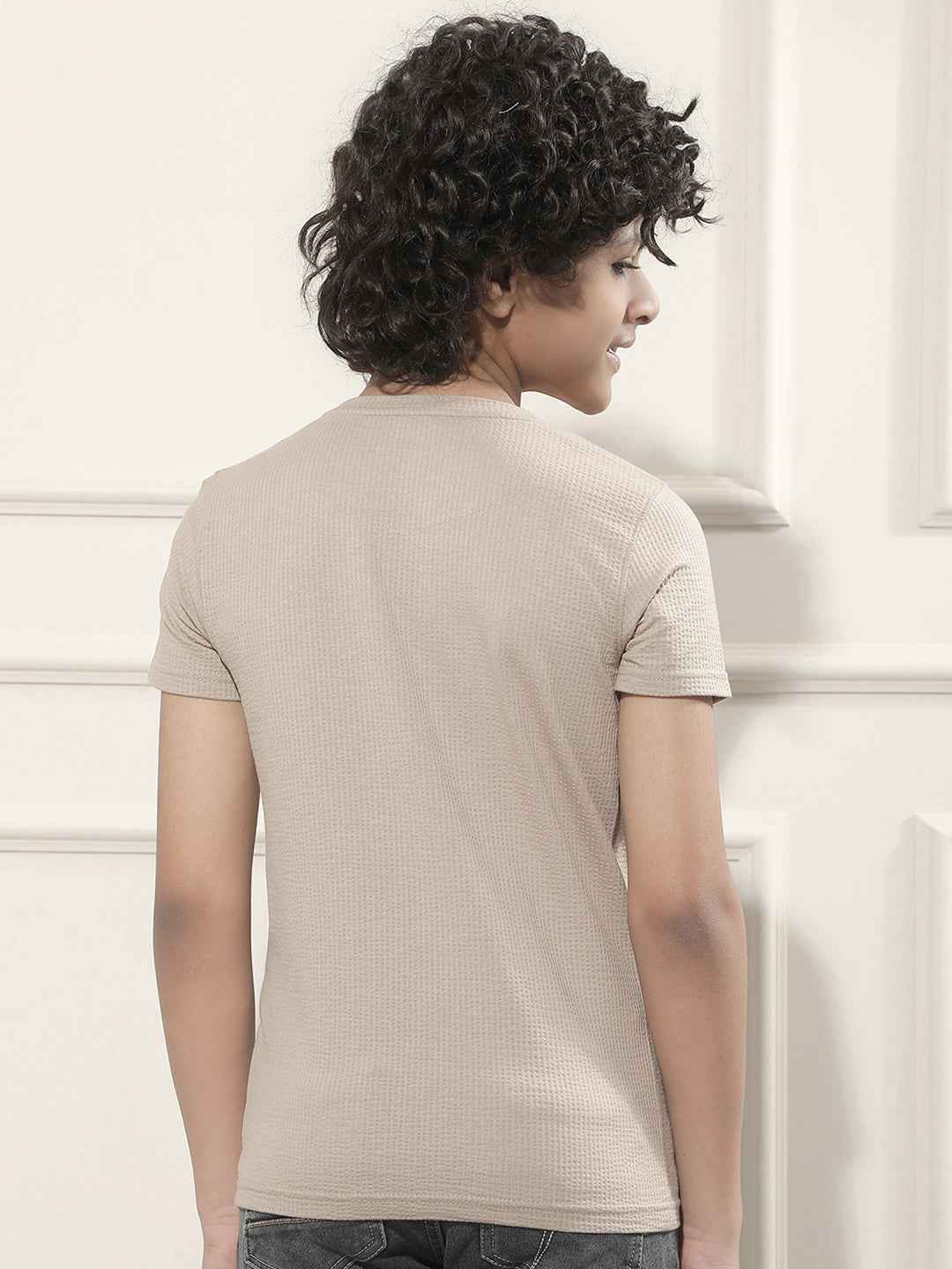 Beige Typographic Print Panelled T-Shirt