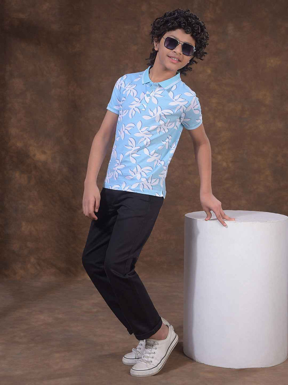 Blue Floral Print Polo Neck T-Shirt