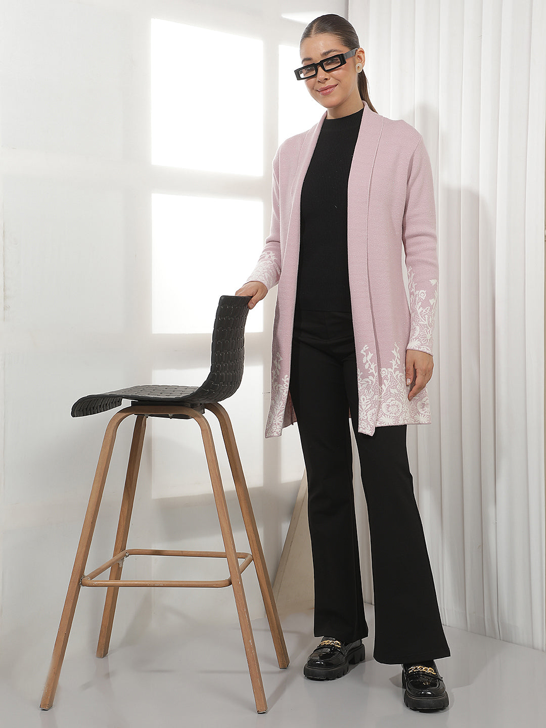 Pink Jacquard Longline Shrug