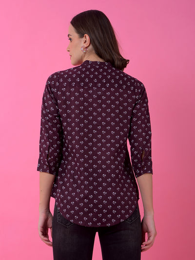Wine Floral Print V-Neck Shirt