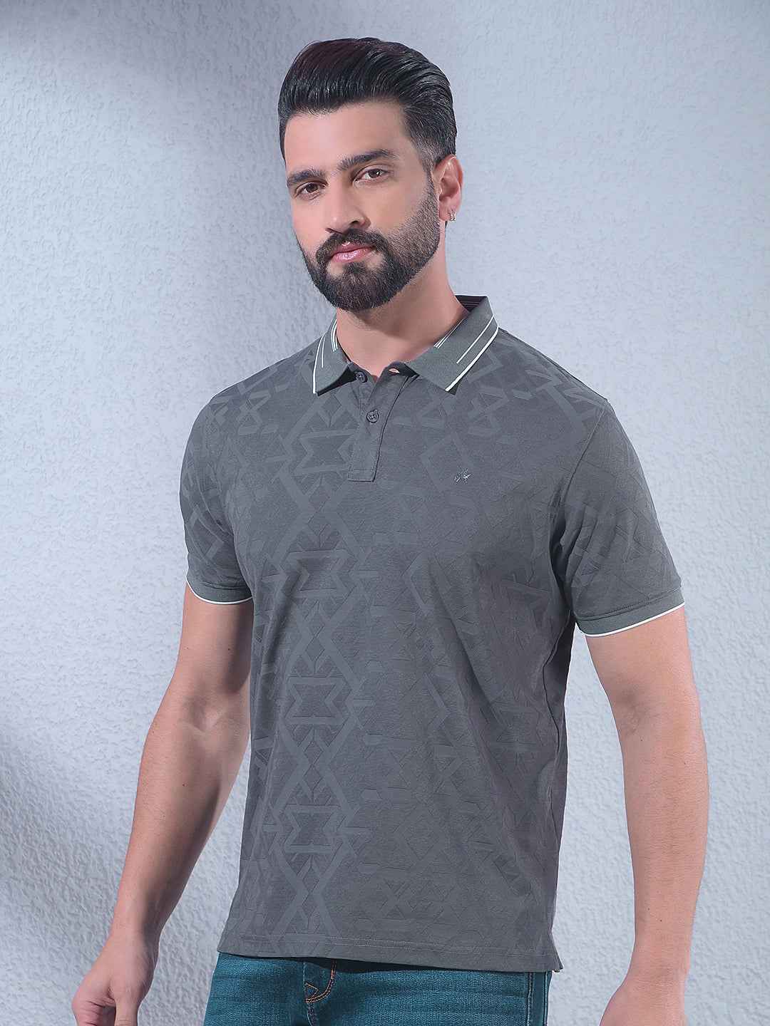 Grey Jacquard Polo Neck T-Shirt
