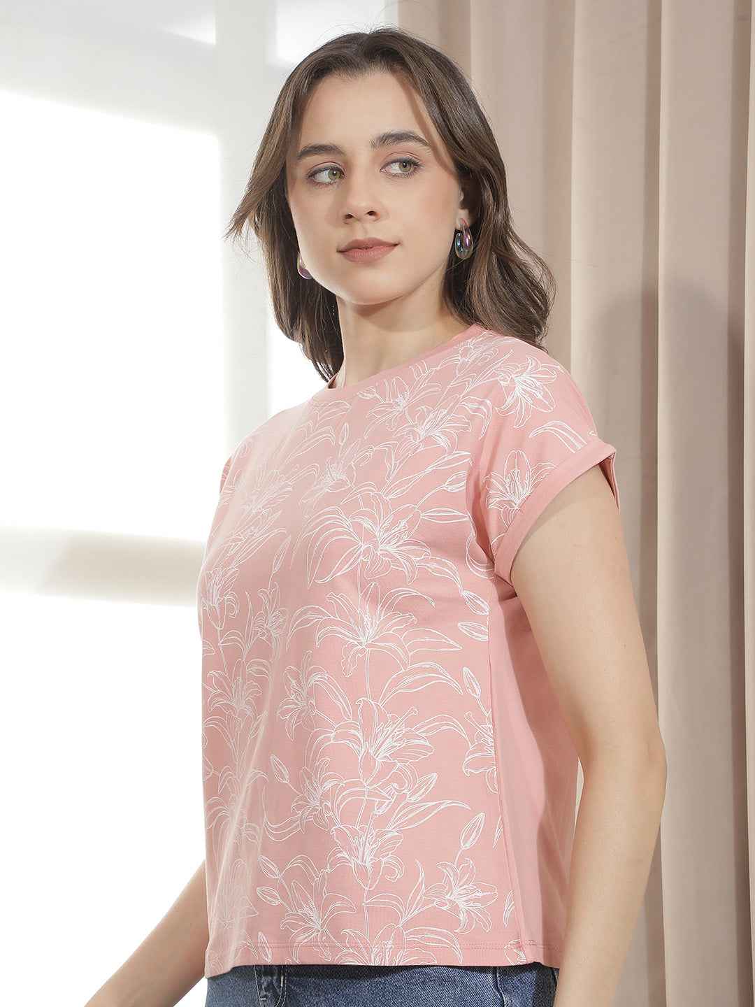 Peach Floral Printed T-Shirt
