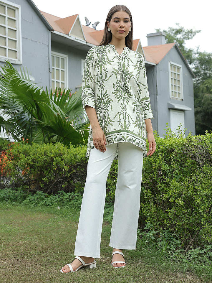 Green Floral Print V-Neck Top