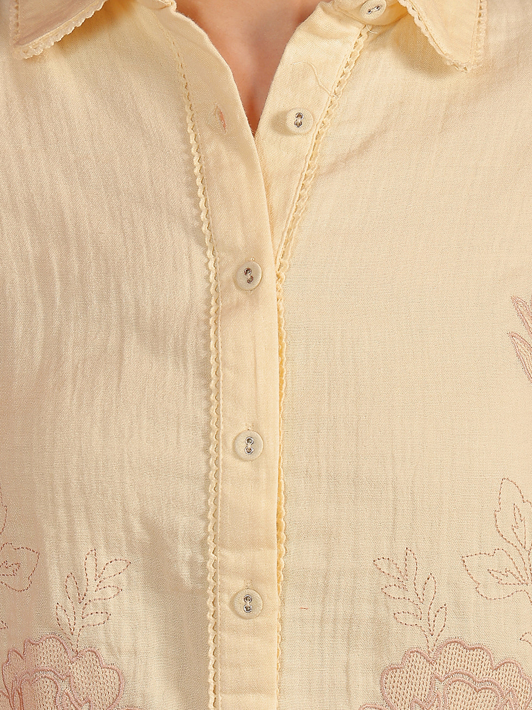 Lemon Floral Embroidered 100% Cotton Shirt