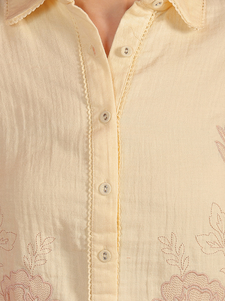 Lemon Floral Embroidered 100% Cotton Shirt
