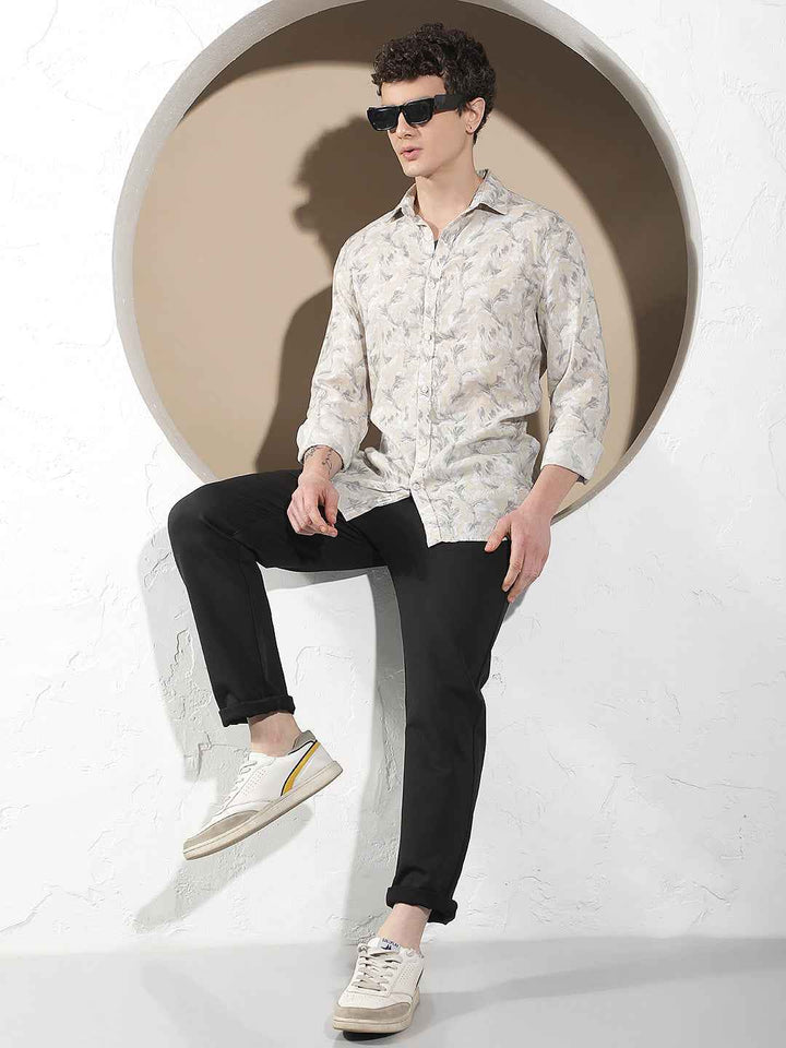 Beige Floral Print Linen Shirt