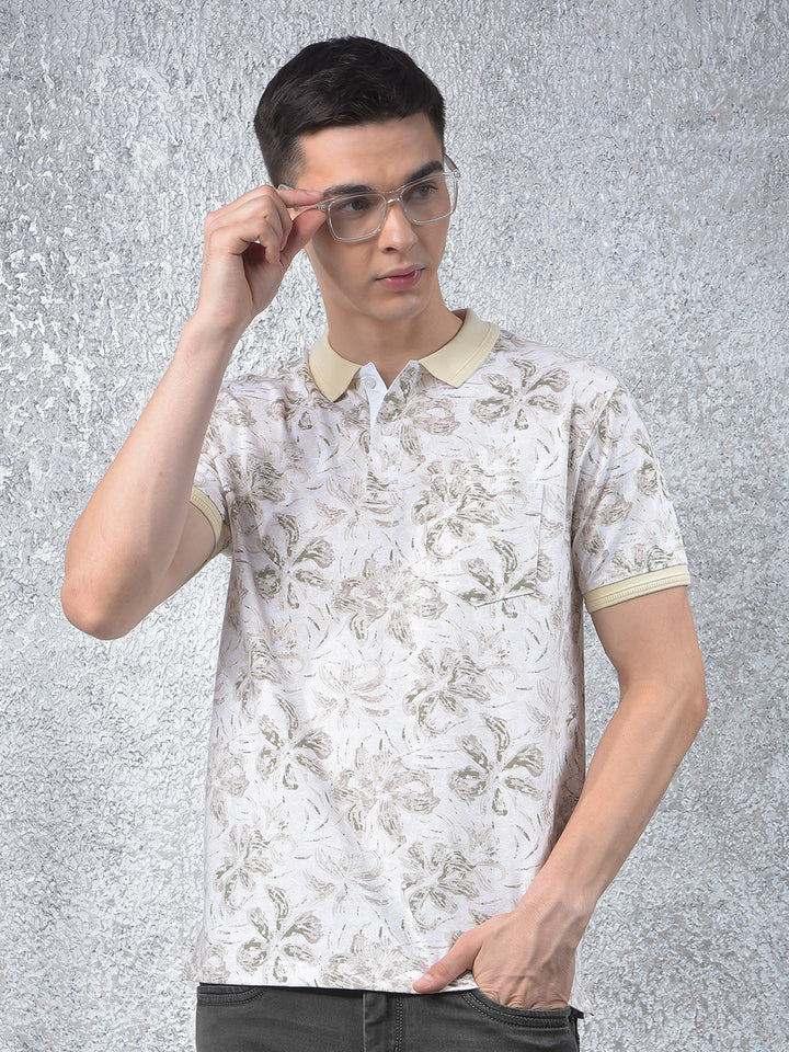 Beige Floral Print Polo-Neck T-Shirt