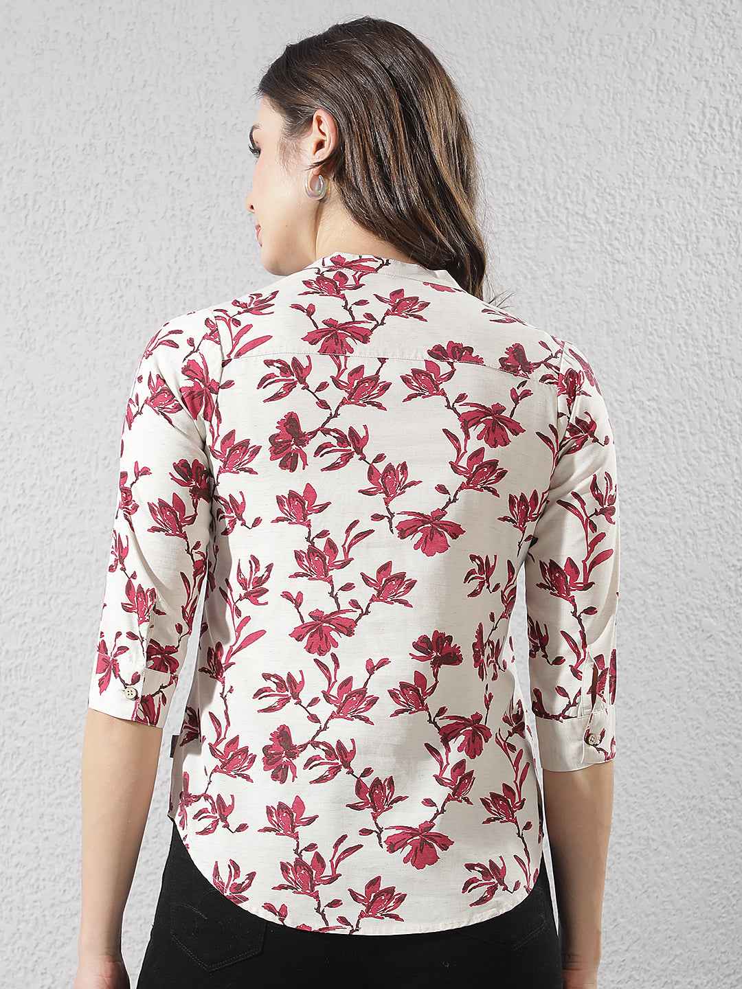 Red Floral Print V-Neck Linen Shirt