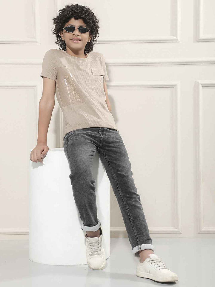 Beige Typographic Print Panelled T-Shirt