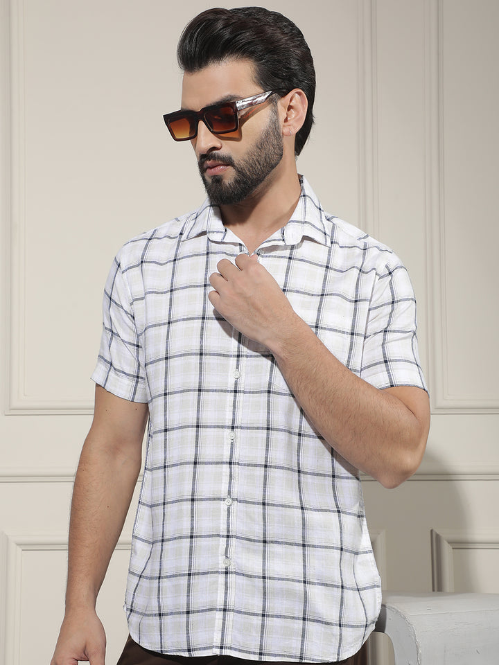Navy Blue Checked Linen Shirt