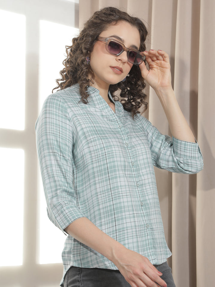 Green Checked V-Neck Shirt